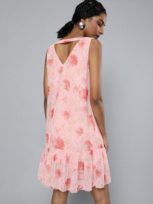 Women's Pink Floral V-Neck Pleated Hem Dress