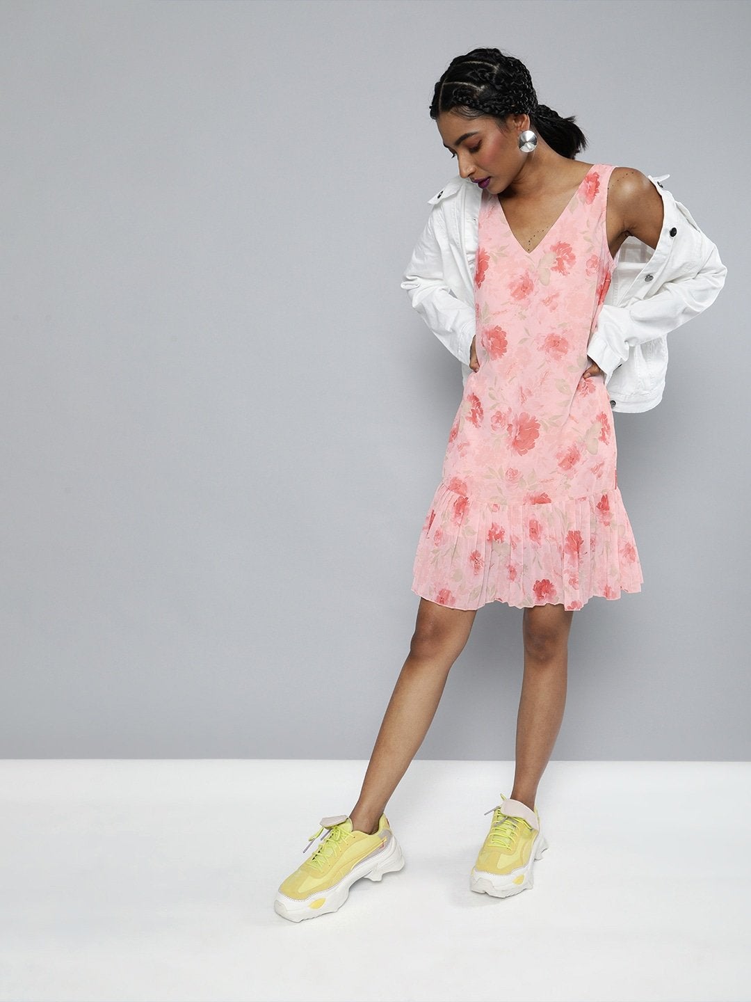 Women's Pink Floral V-Neck Pleated Hem Dress