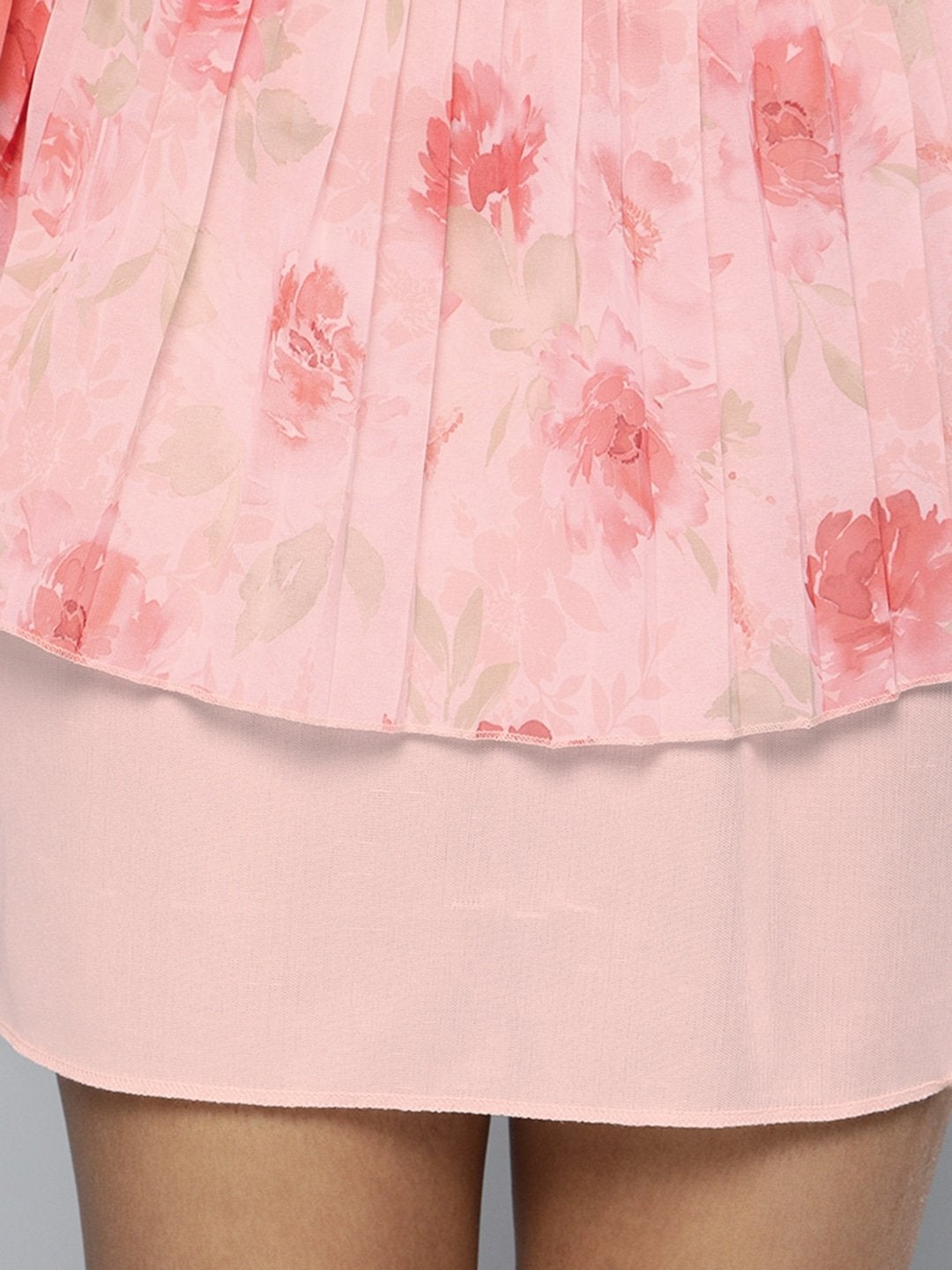 Women's Pink Floral V-Neck Pleated Hem Dress