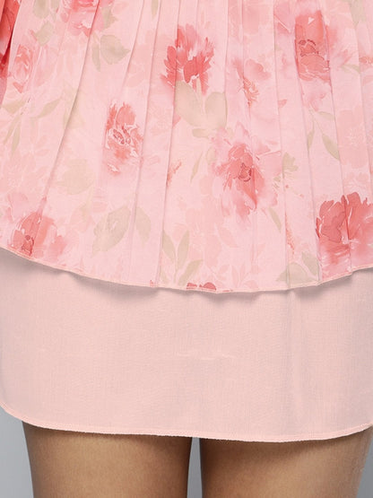 Women's Pink Floral V-Neck Pleated Hem Dress