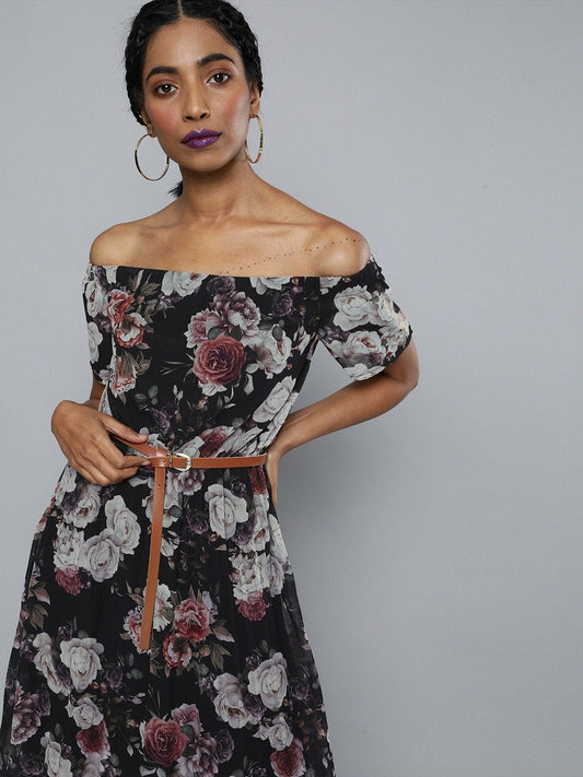 Women's Black Floral High Low Pleated Bardot Dress