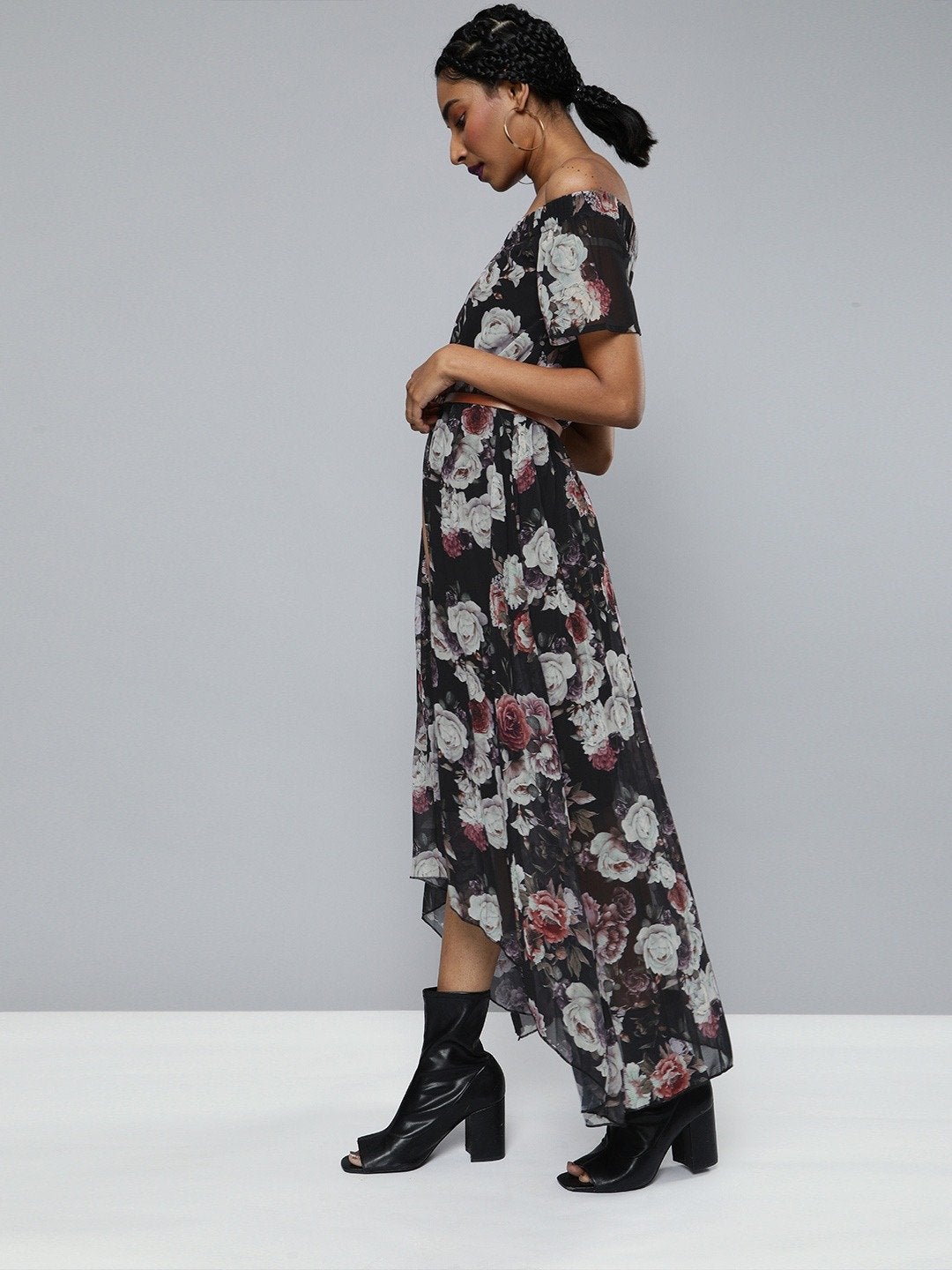 Women's Black Floral High Low Pleated Bardot Dress