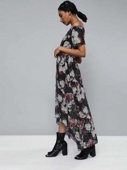 Women's Black Floral High Low Pleated Bardot Dress