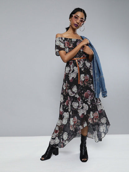 Women's Black Floral High Low Pleated Bardot Dress