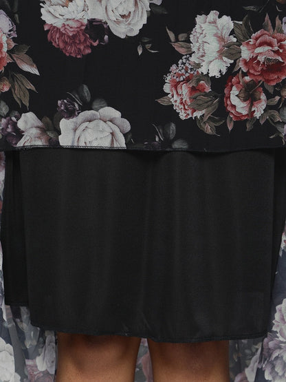 Women's Black Floral High Low Pleated Bardot Dress