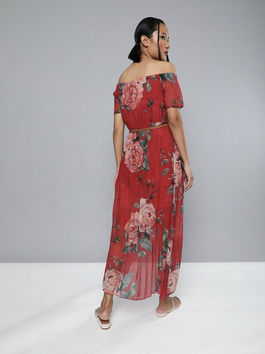 Women's Red Floral High Low Pleated Bardot Dress