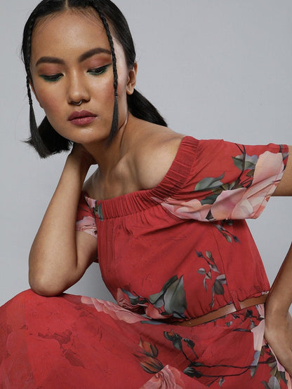 Women's Red Floral High Low Pleated Bardot Dress