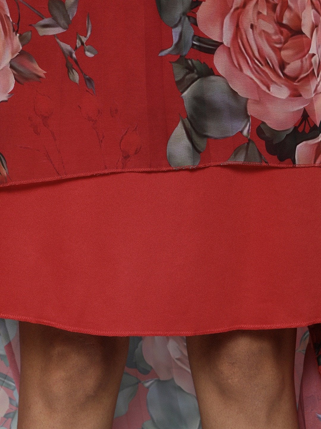 Women's Red Floral High Low Pleated Bardot Dress