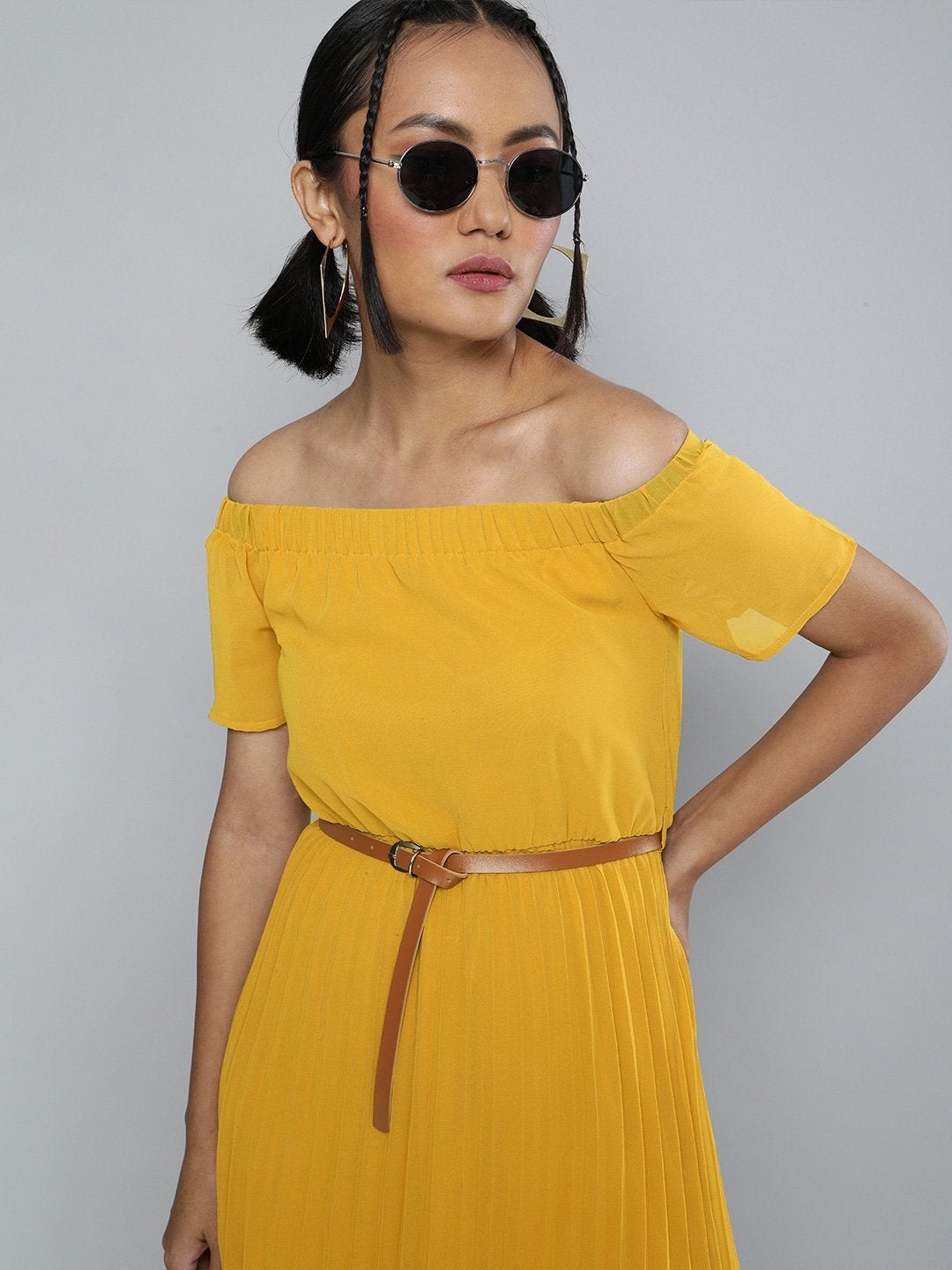 Women's Mustard High Low Pleated Bardot Mini Dress