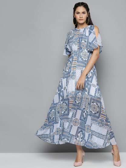 Women's Blue Patch Print Maxi Dress