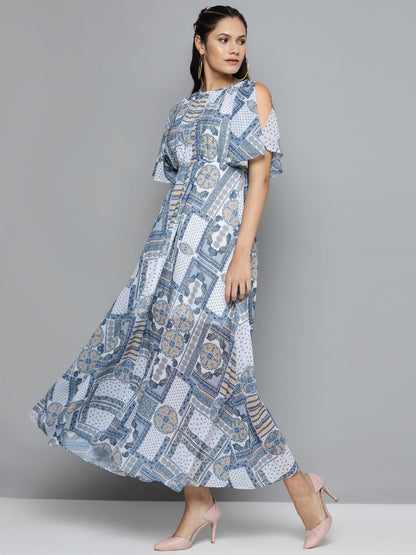Women's Blue Patch Print Maxi Dress