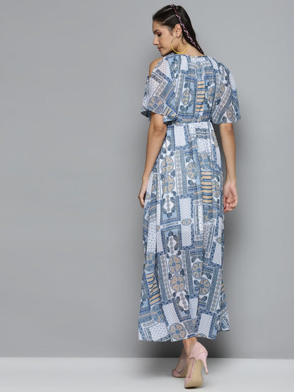 Women's Blue Patch Print Maxi Dress