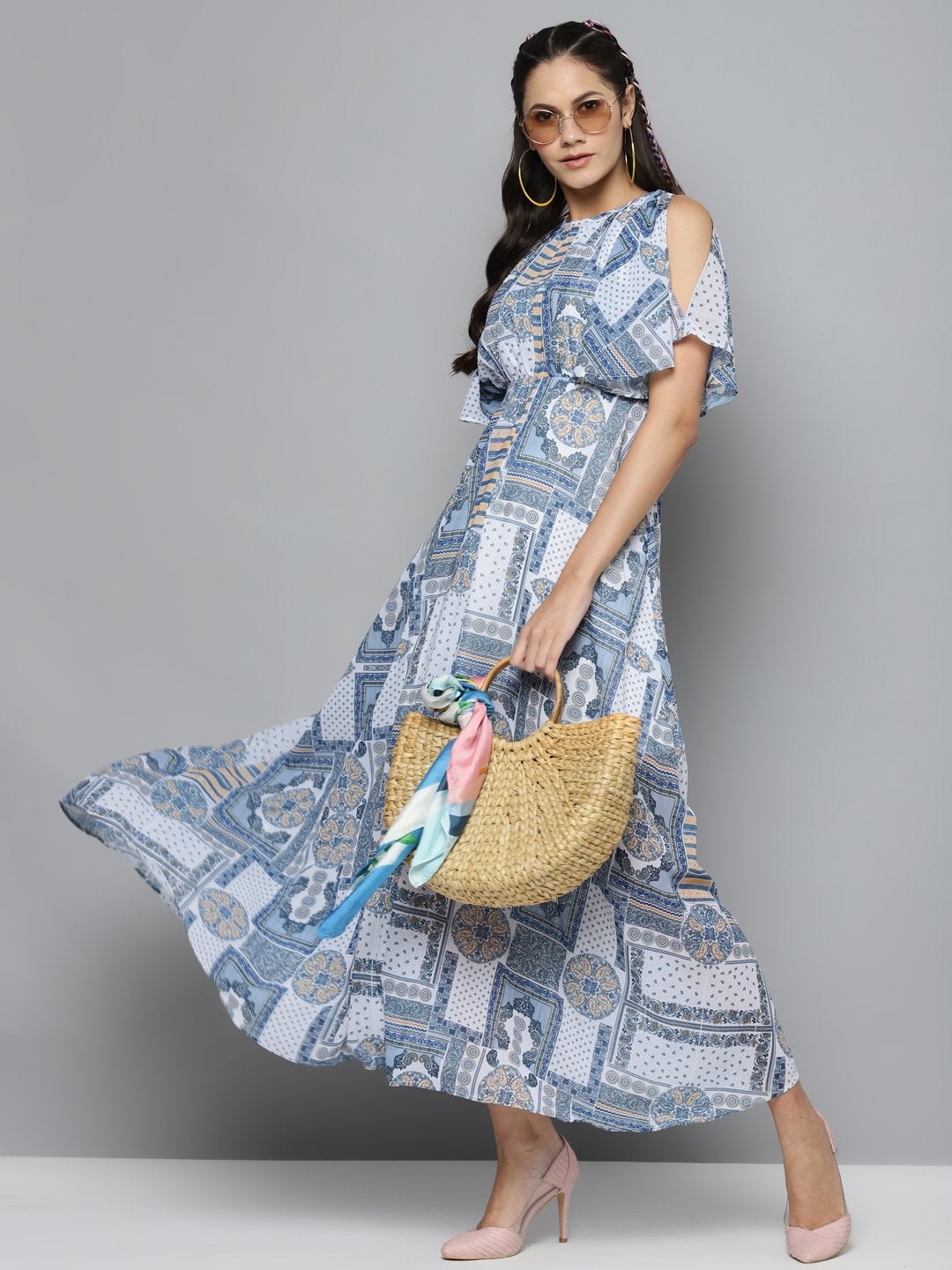 Women's Blue Patch Print Maxi Dress