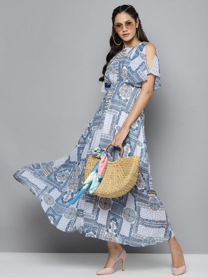 Women's Blue Patch Print Maxi Dress