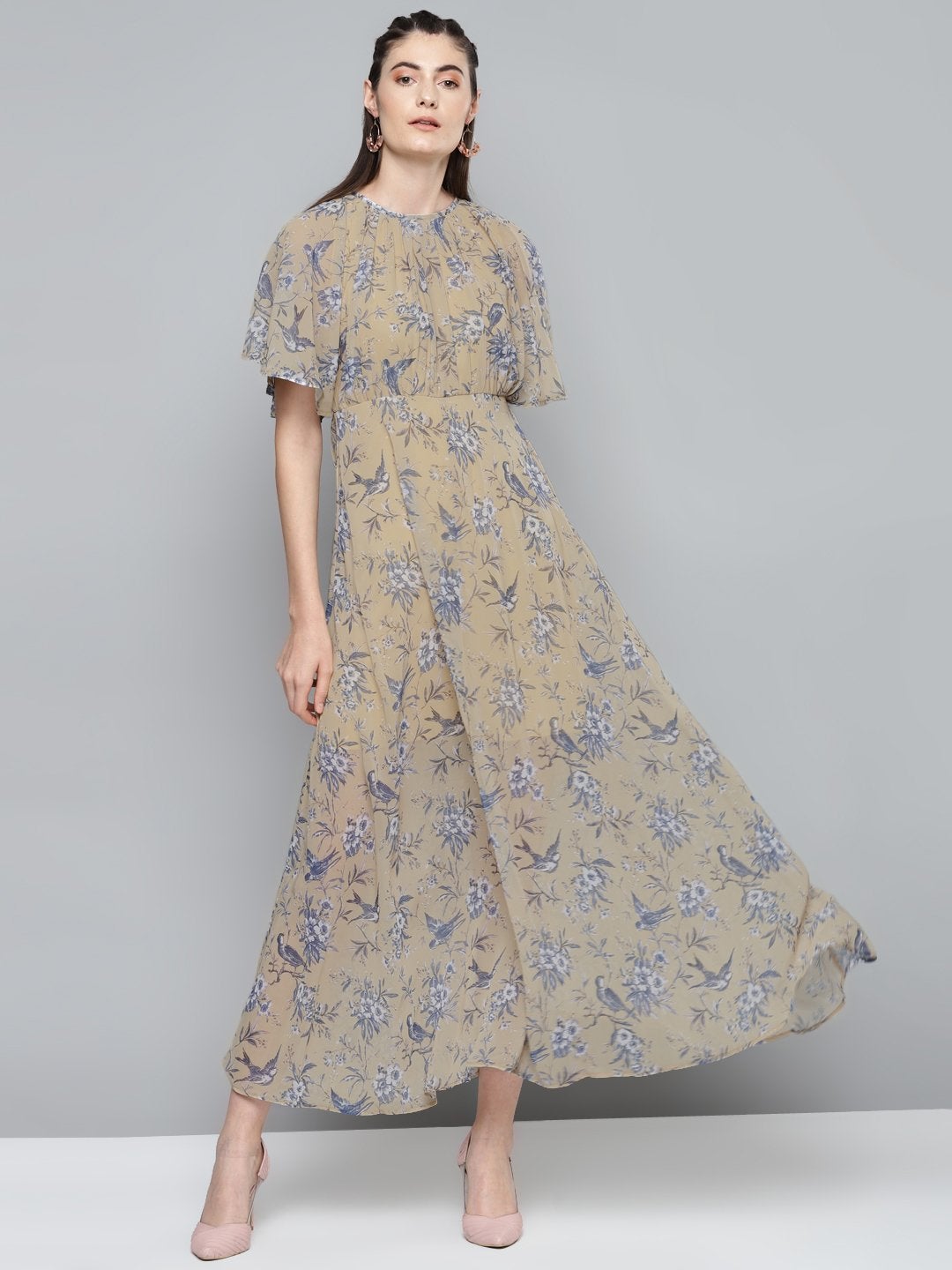 Women's Yellow Floral Print Maxi Dress