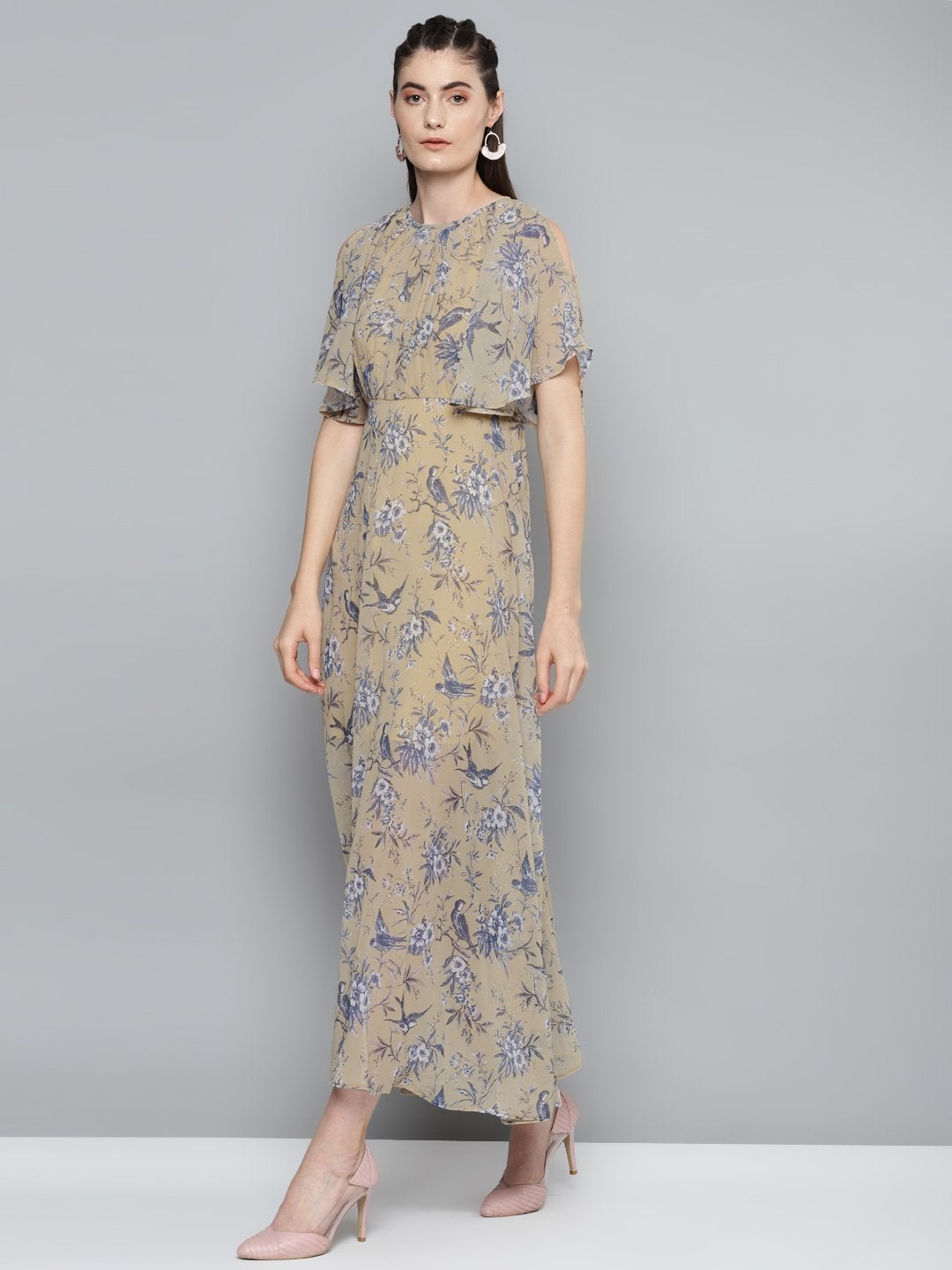 Women's Yellow Floral Print Maxi Dress