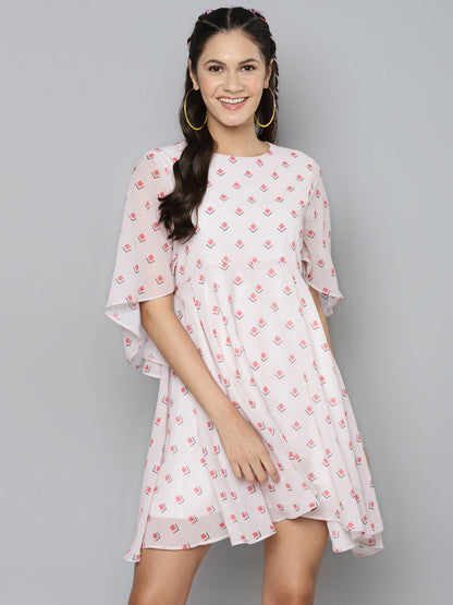 Women's Beige Diamond Geo Print Flared Cape Dress