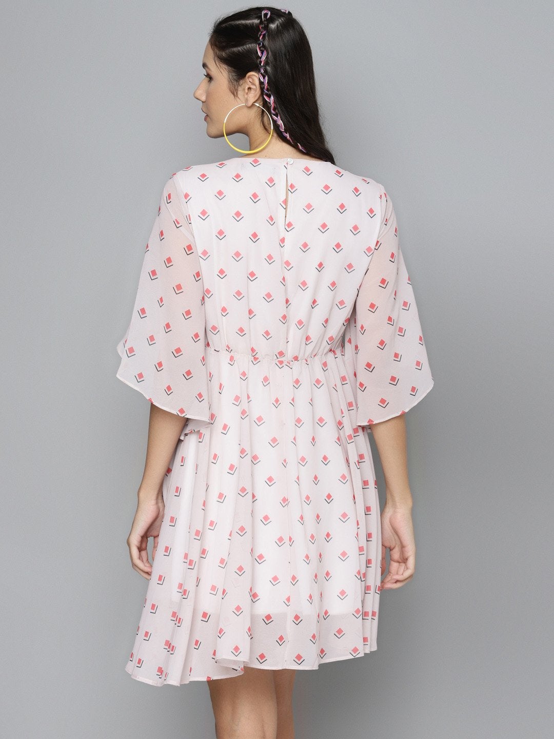 Women's Beige Diamond Geo Print Flared Cape Dress