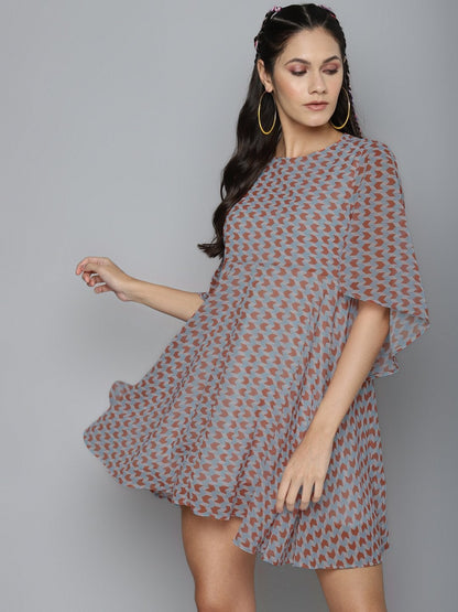 Women's Orange Arrow Geo Print Flared Cape Dress