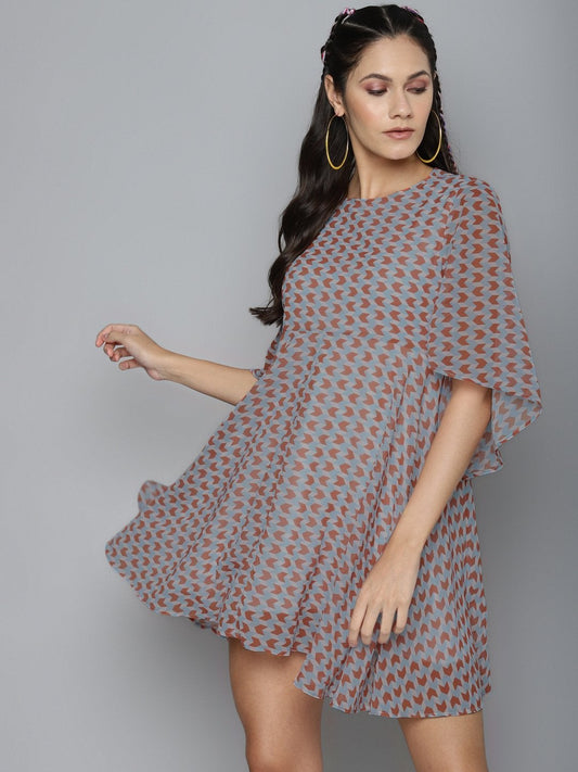 Women's Orange Arrow Geo Print Flared Cape Dress