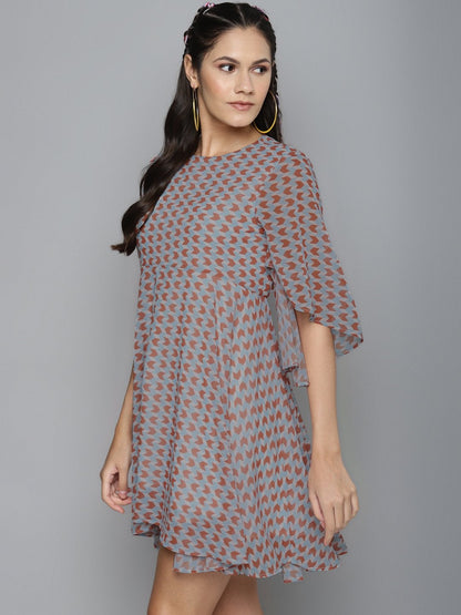 Women's Orange Arrow Geo Print Flared Cape Dress