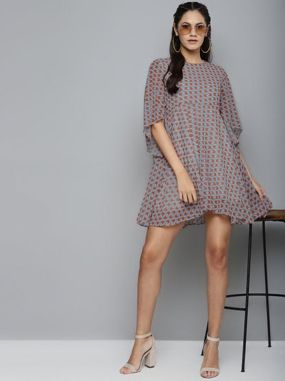 Women's Orange Arrow Geo Print Flared Cape Dress