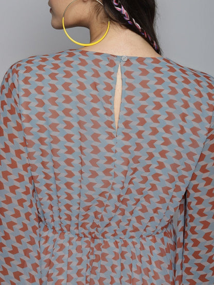 Women's Orange Arrow Geo Print Flared Cape Dress