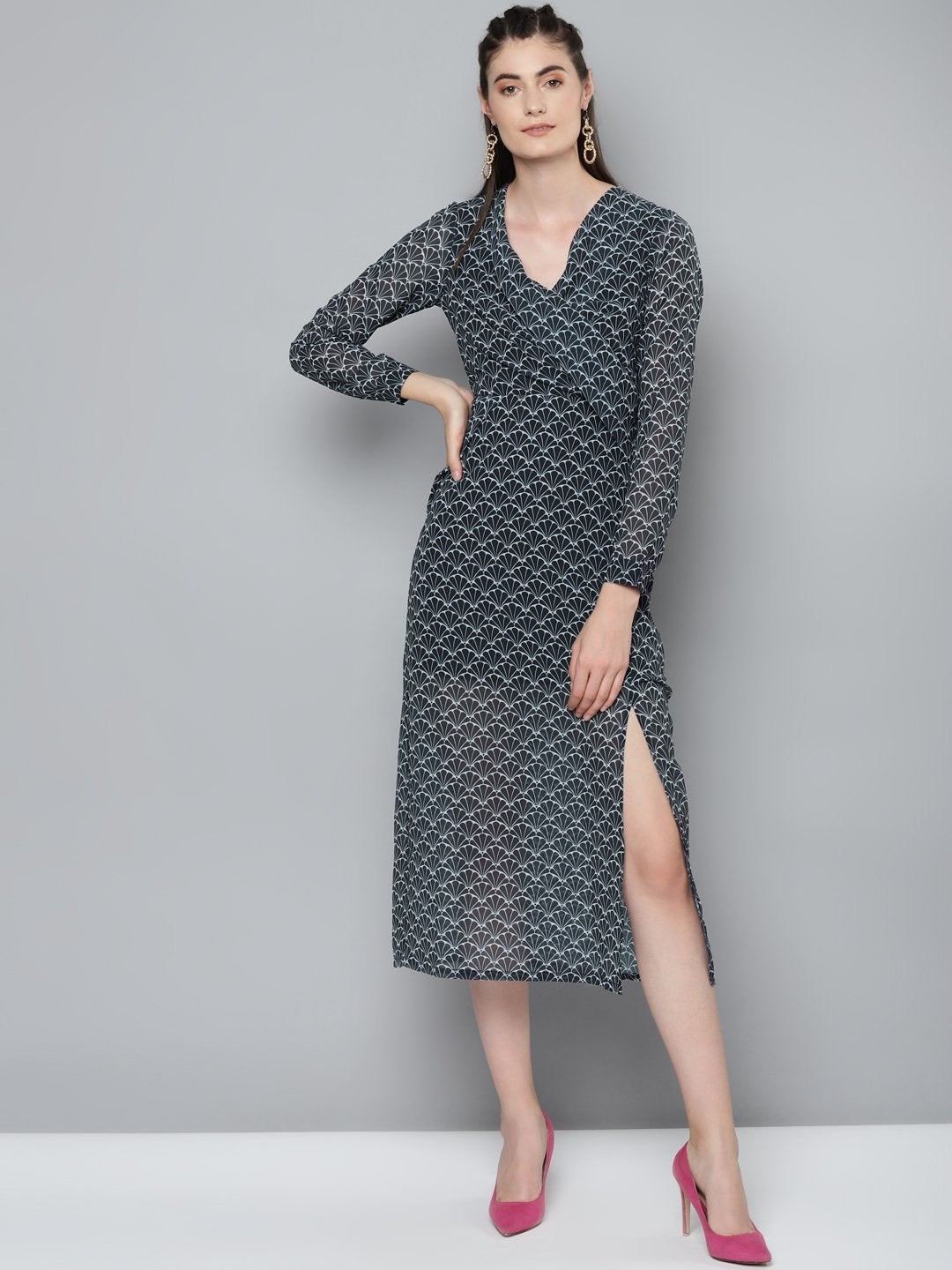 Women's Navy Floral Geo Print Wrap Detail Midi Dress