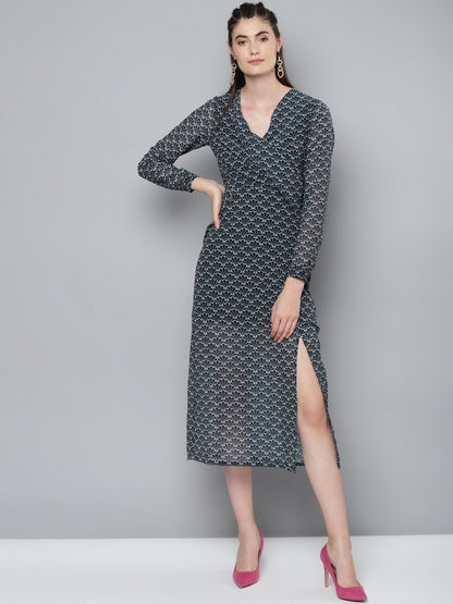 Women's Navy Floral Geo Print Wrap Detail Midi Dress