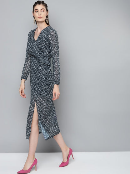 Women's Navy Floral Geo Print Wrap Detail Midi Dress