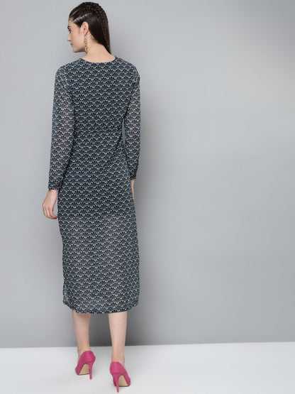 Women's Navy Floral Geo Print Wrap Detail Midi Dress