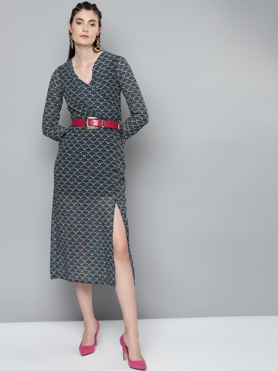 Women's Navy Floral Geo Print Wrap Detail Midi Dress