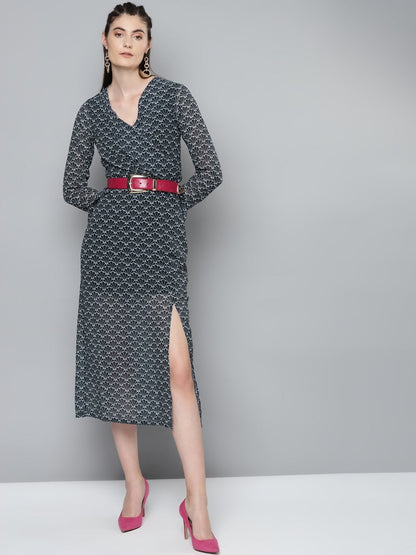 Women's Navy Floral Geo Print Wrap Detail Midi Dress