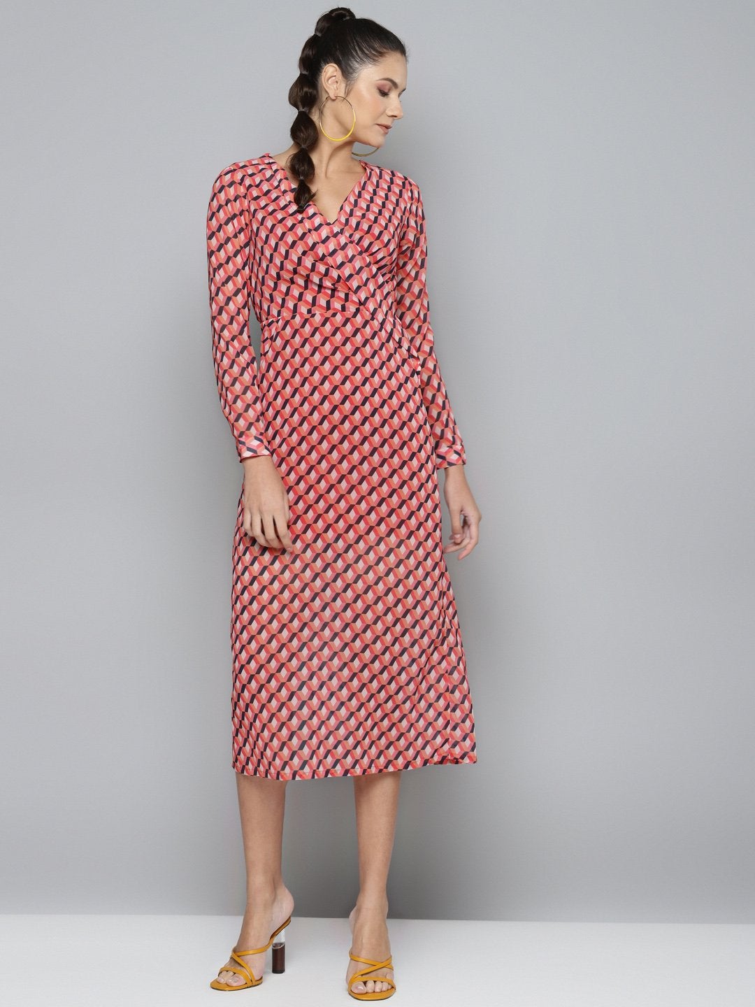 Women's Orange Geo Wrap Detail Midi Dress
