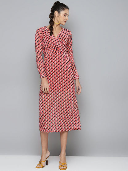 Women's Orange Geo Wrap Detail Midi Dress