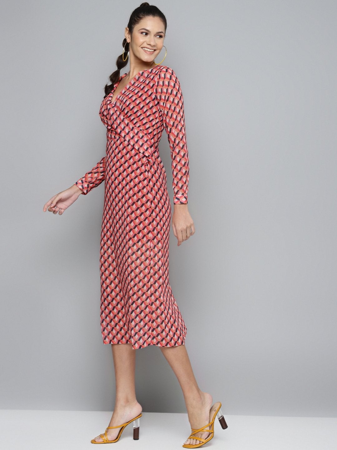 Women's Orange Geo Wrap Detail Midi Dress