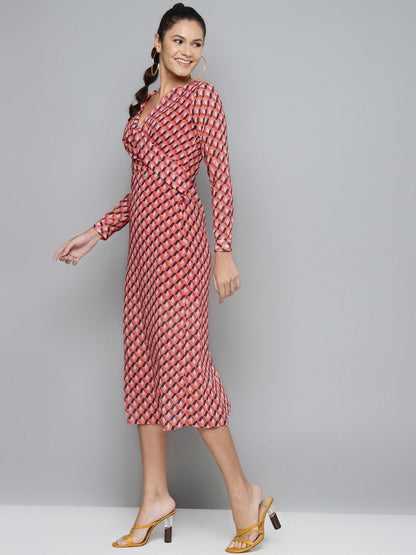 Women's Orange Geo Wrap Detail Midi Dress