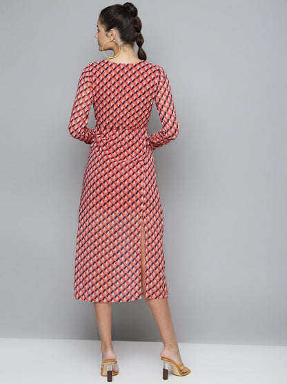 Women's Orange Geo Wrap Detail Midi Dress