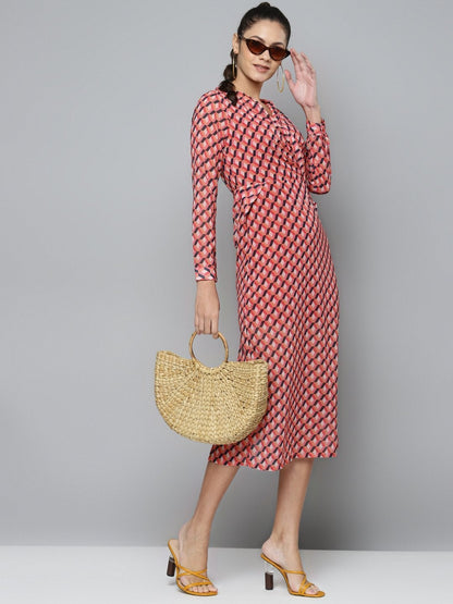 Women's Orange Geo Wrap Detail Midi Dress