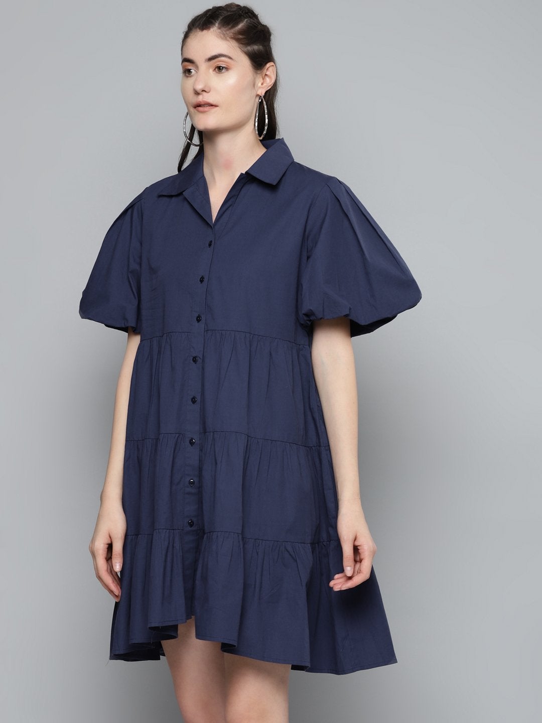 Women's Navy Tiered Shirt Dress