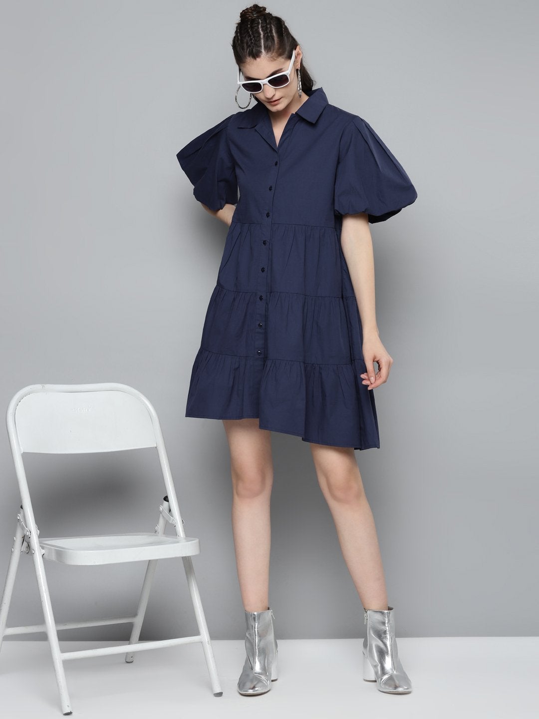 Women's Navy Tiered Shirt Dress