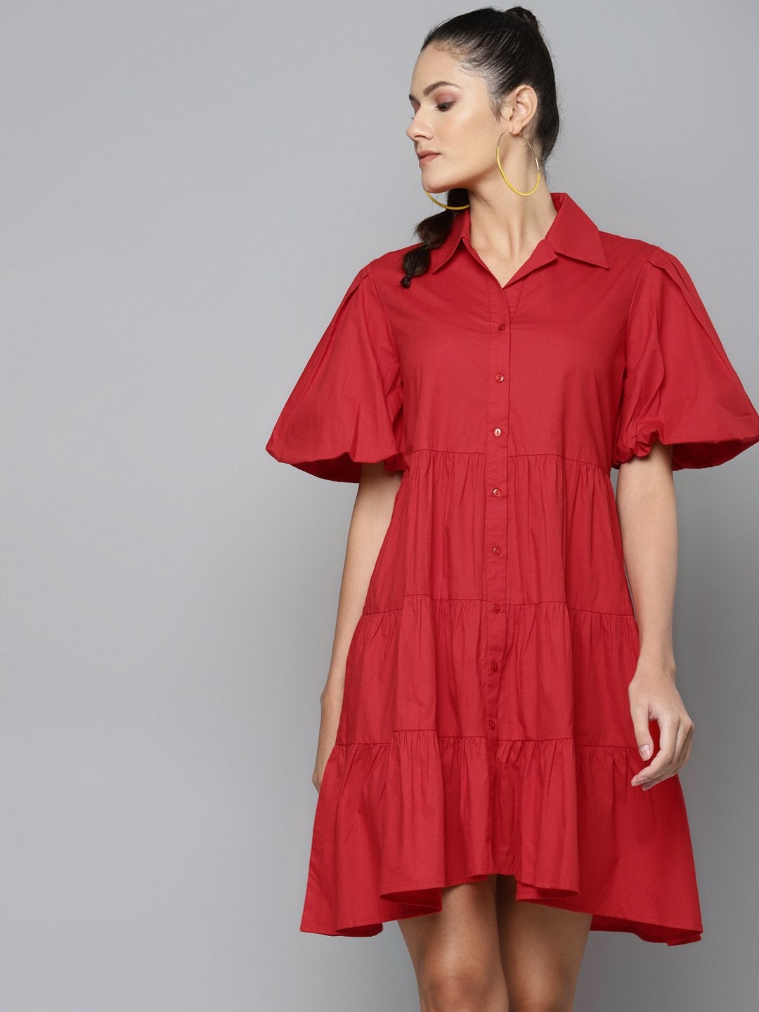Women's Red Tiered Shirt Dress
