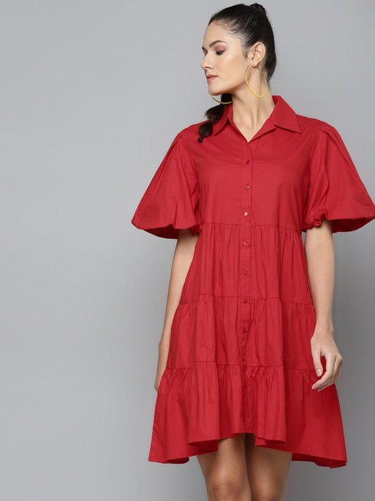 Women's Red Tiered Shirt Dress