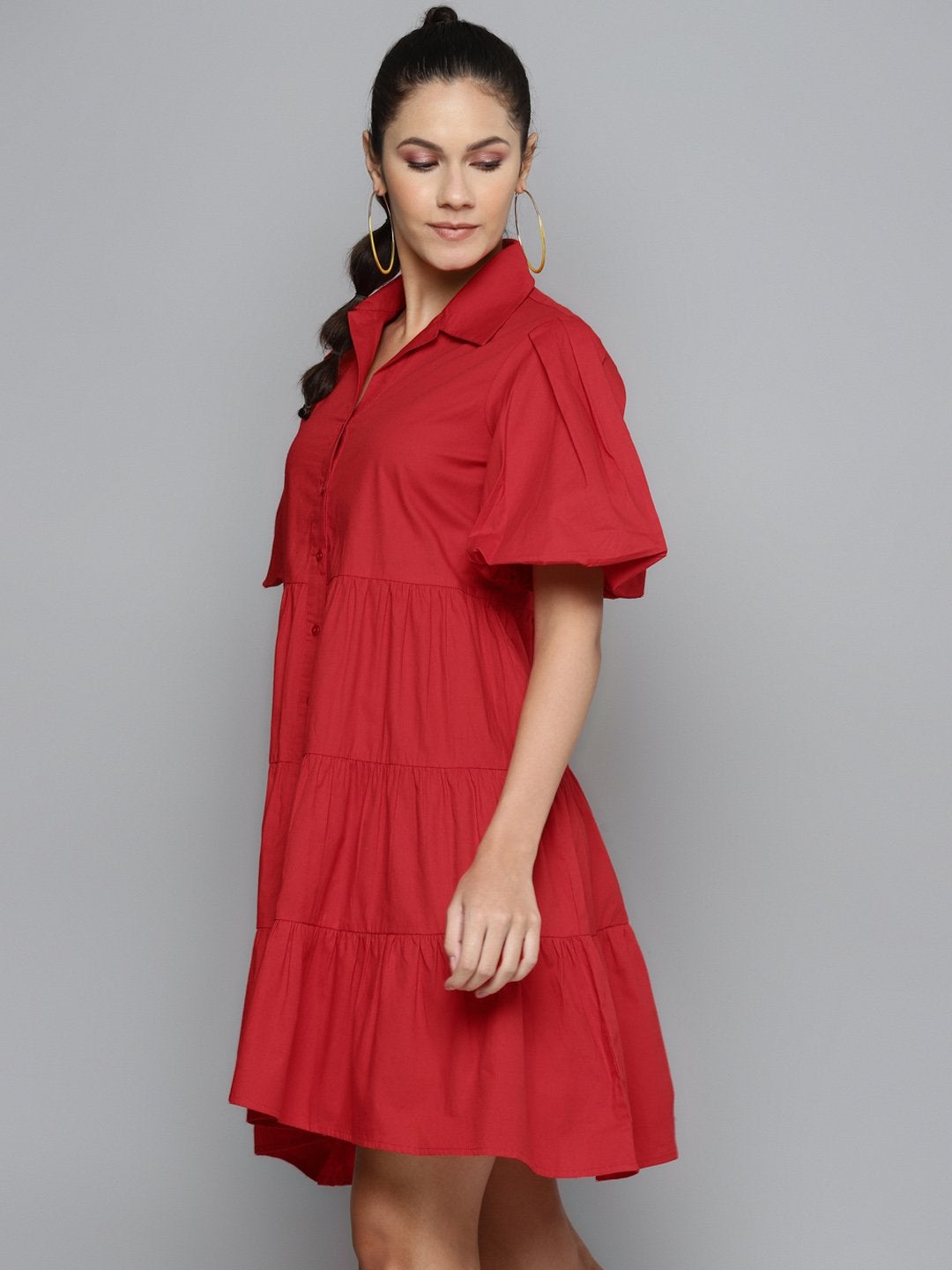 Women's Red Tiered Shirt Dress