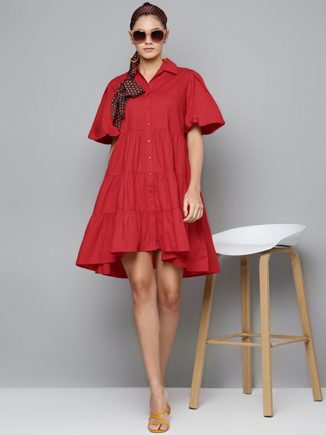 Women's Red Tiered Shirt Dress