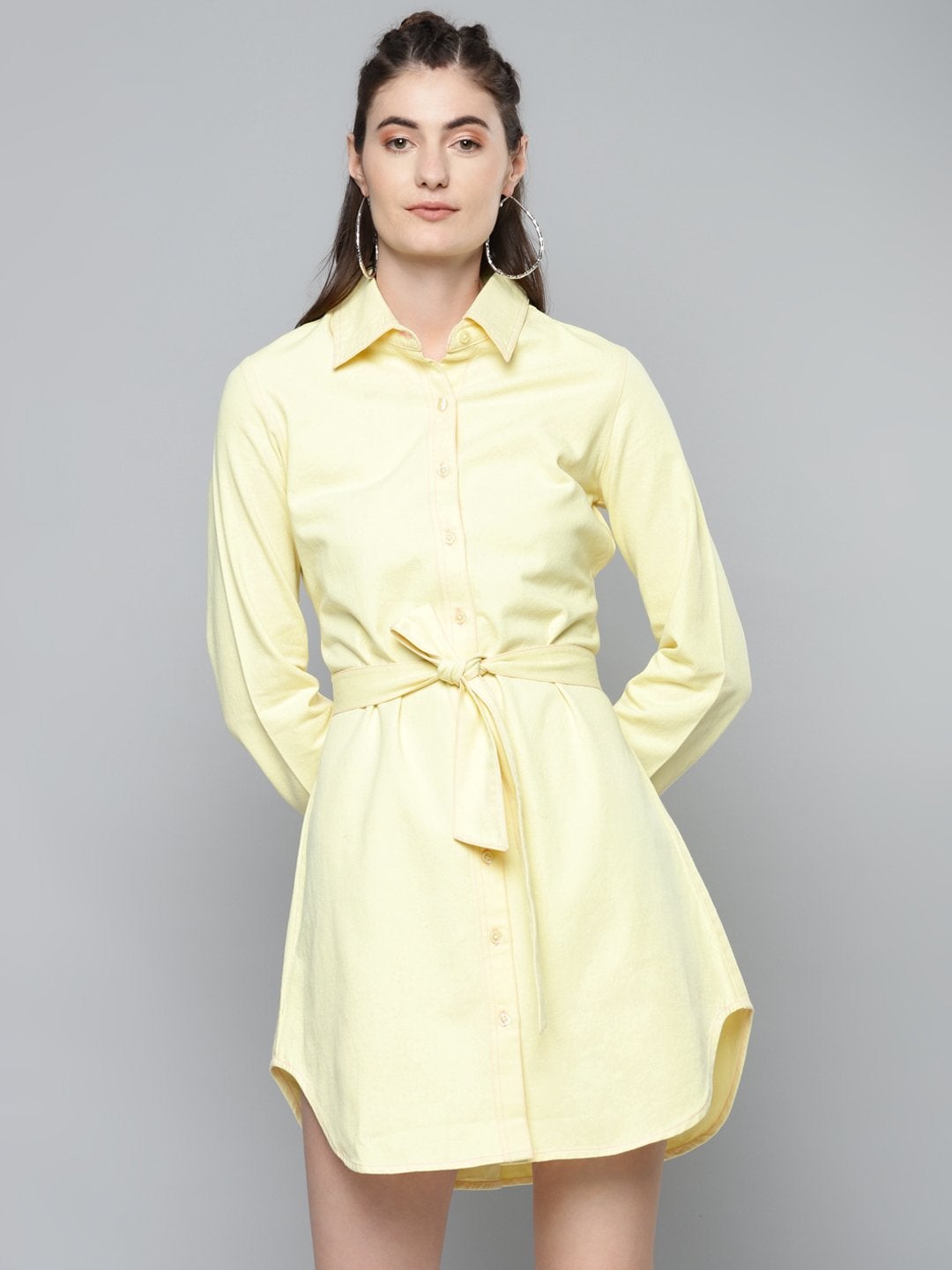 Women's Yellow Belted Shirt Dress