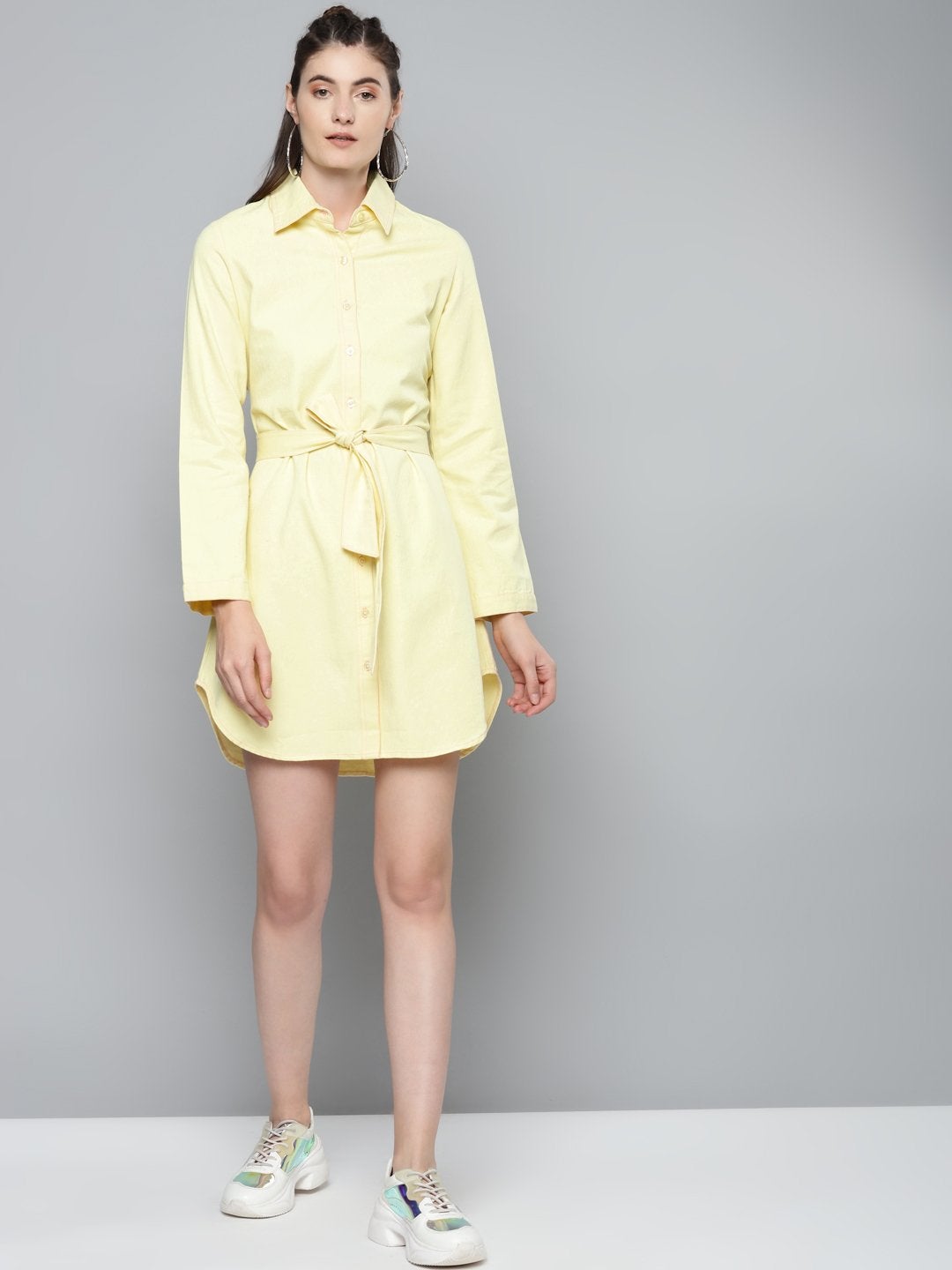 Women's Yellow Belted Shirt Dress