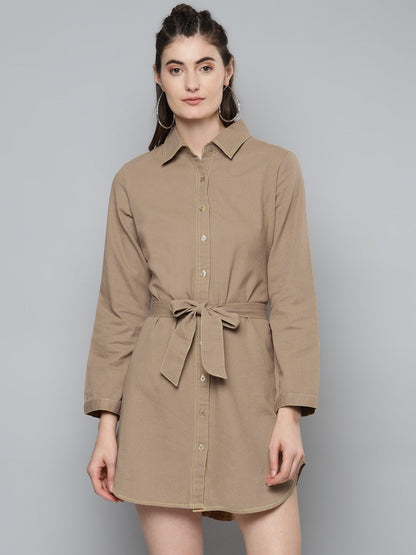 Women's Beige Belted Shirt Dress