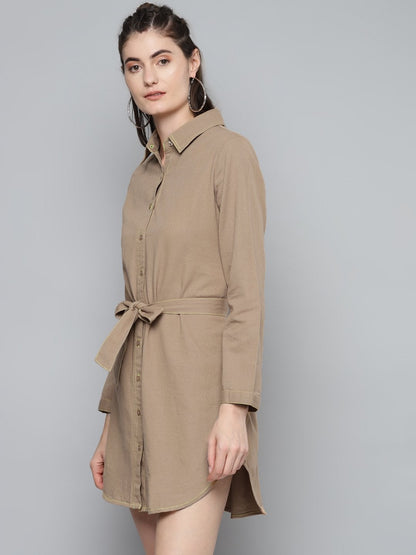 Women's Beige Belted Shirt Dress