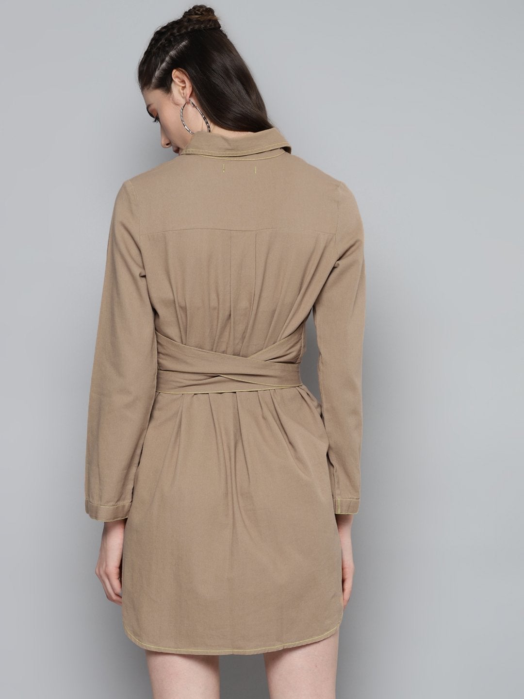 Women's Beige Belted Shirt Dress